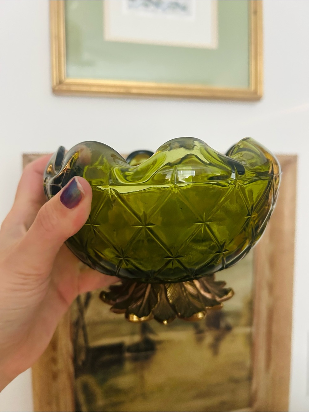 Vintage Mid Century Indiana Glass Avocado Green Pedestal Pineapple Rose Bowl